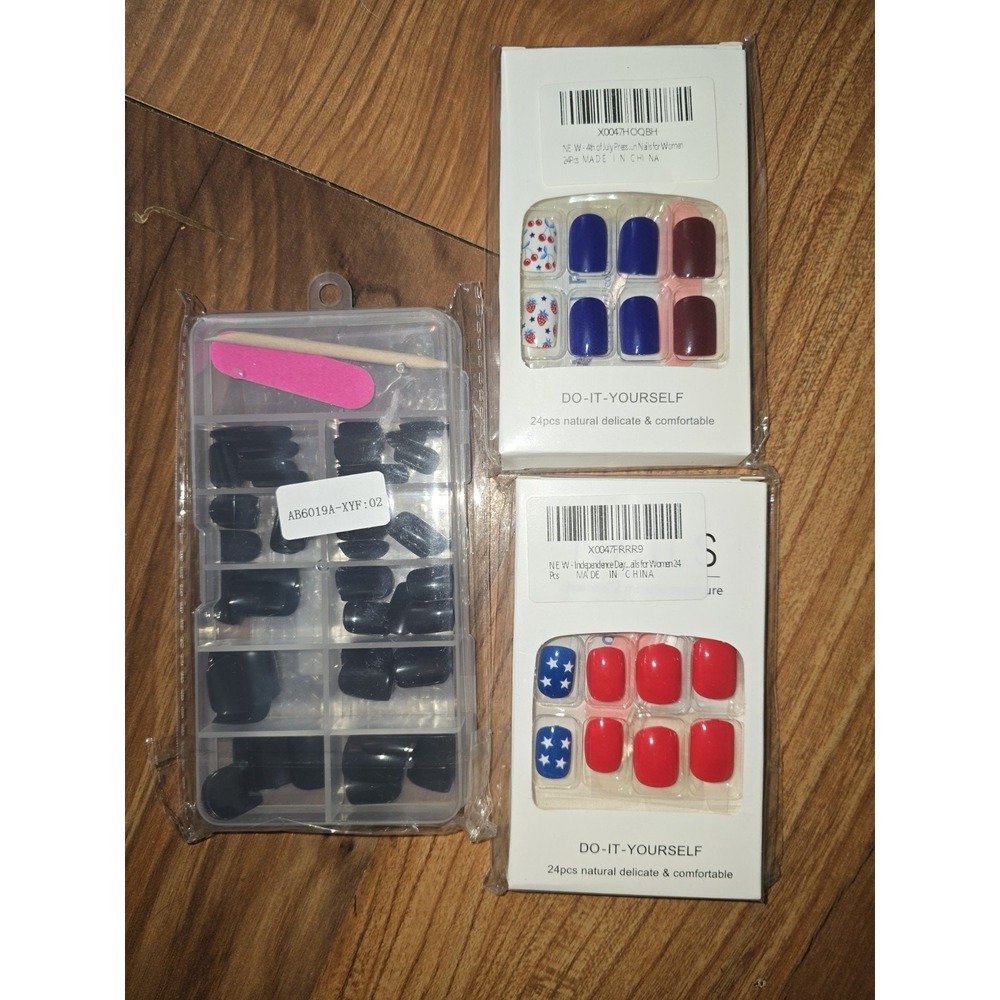 3 Press On Nails Kit Short Fake Nails Tip Set 144pcs Red Blue Black Glitter S14